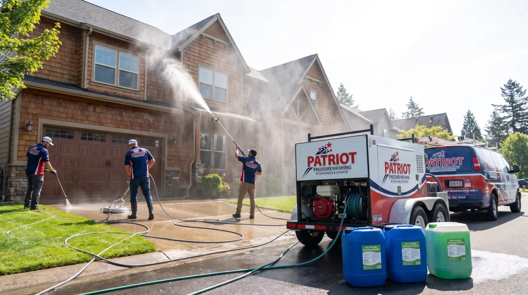Patriot Pressure Washing crew using commercial-grade equipment on house exterior