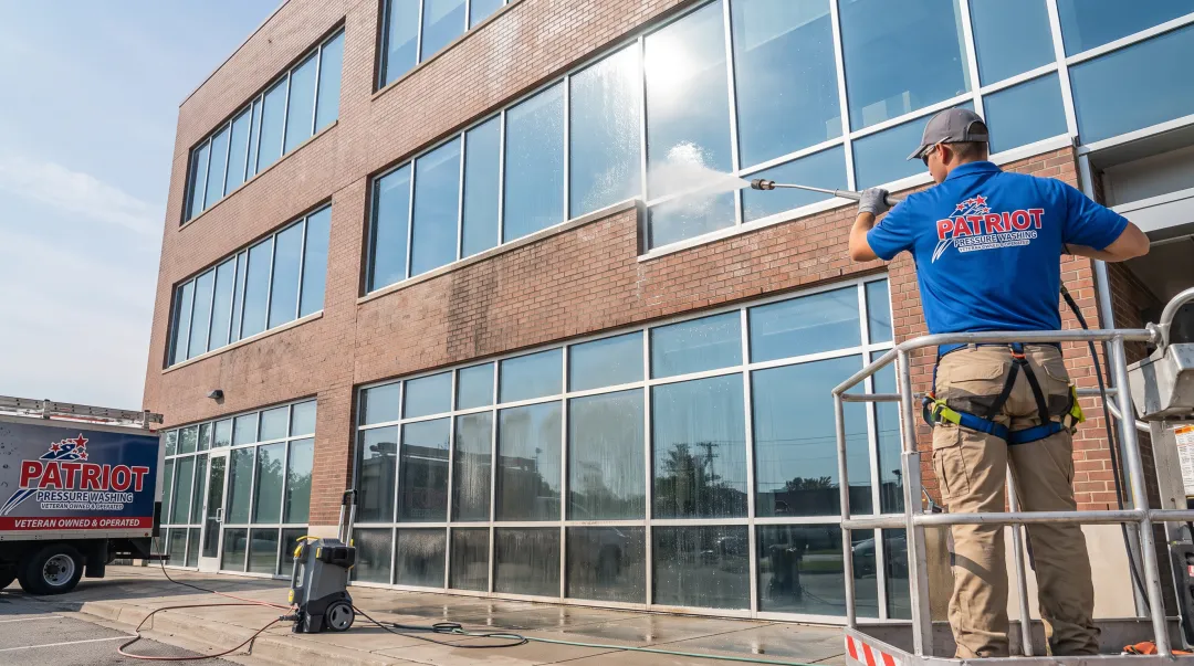 Patriot Pressure Washing technician cleaning commercial storefront glass in Hartford CT