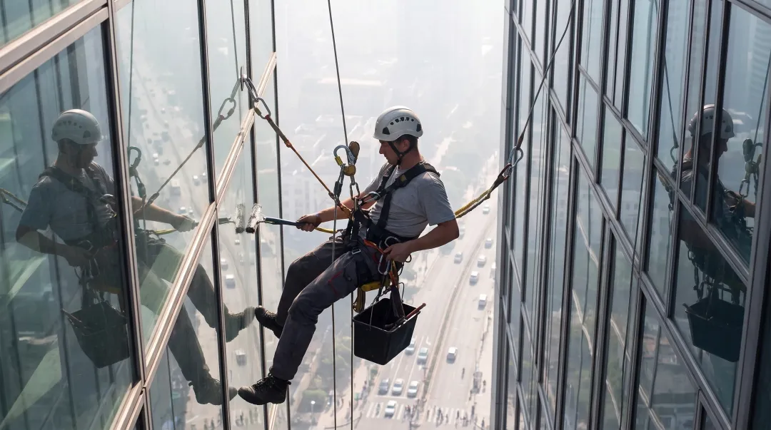 High-rise window cleaner on suspended platform using fall protection equipment