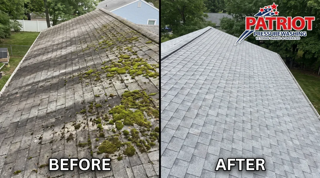 Before and after Hartford roof cleaning showing moss removal results