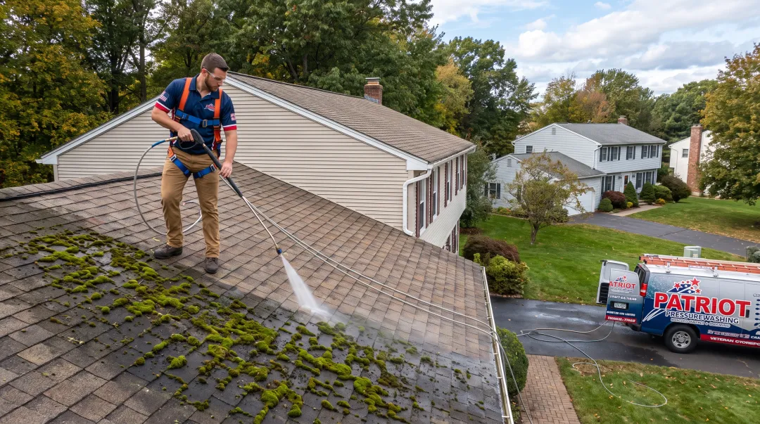 Technician soft-washing moss covered roof shingles with low-pressure equipment