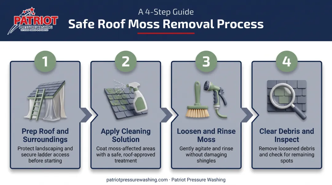 4-step roof moss removal process from prep to inspection
