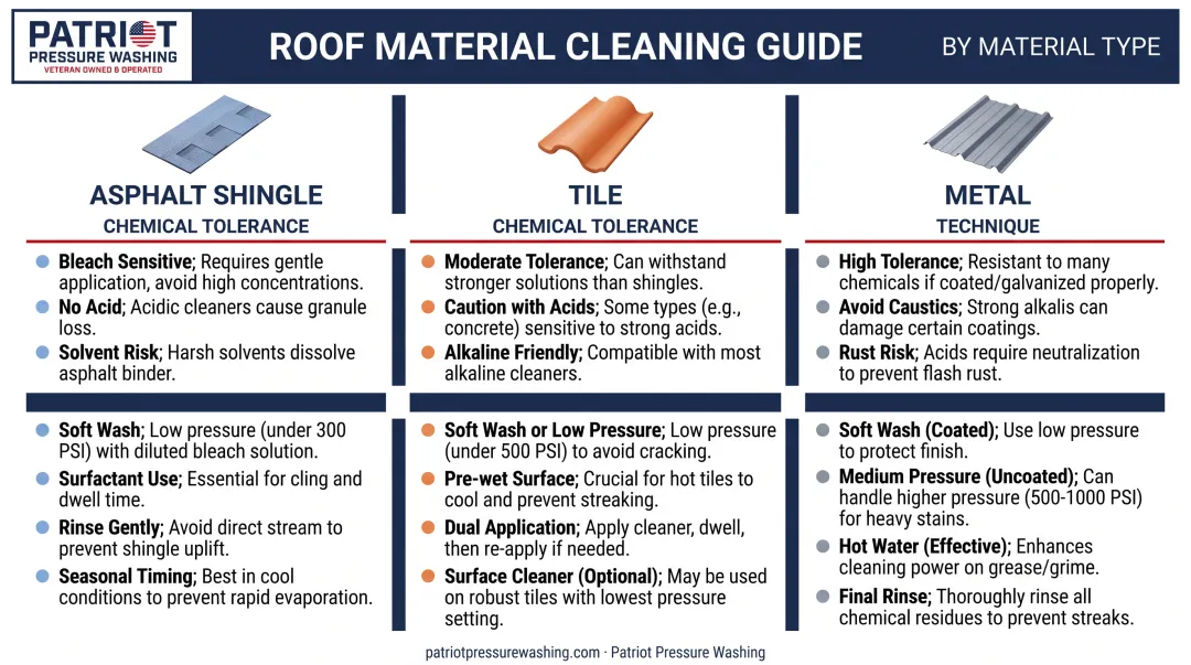 Roof material comparison chart showing chemical tolerance and cleaning technique differences