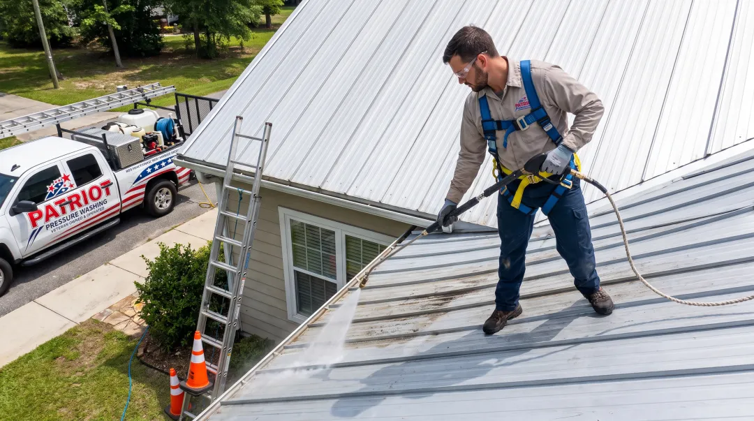 Professional soft washing technician cleaning residential metal roof exterior