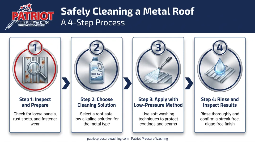4-step metal roof cleaning process from inspection to rinsing