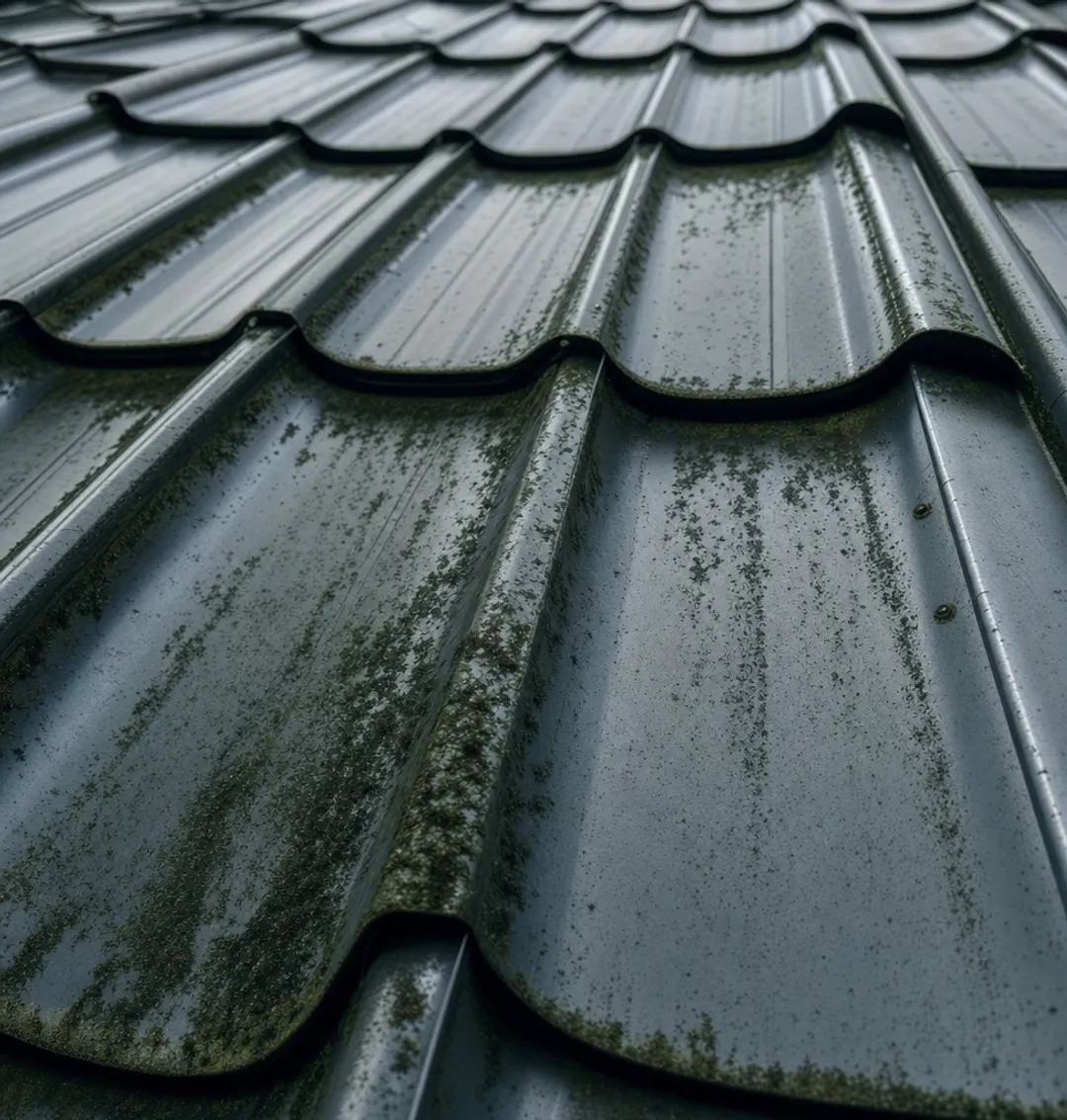 Shaded humid residential roof section showing algae and mildew growth