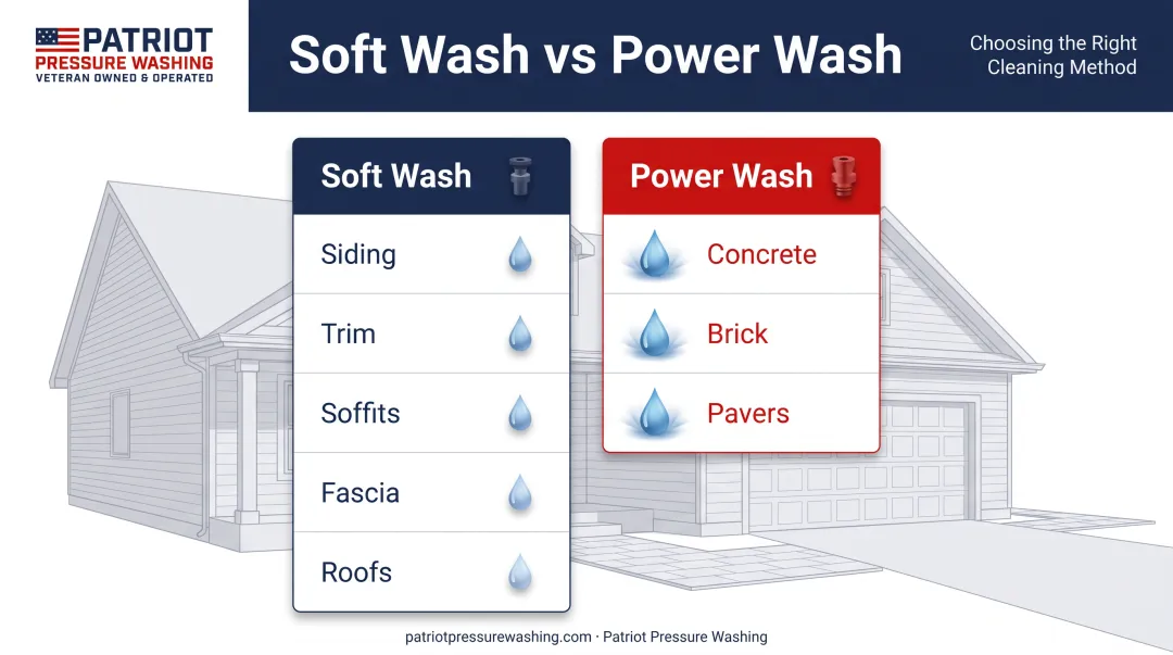 Soft washing versus power washing comparison chart by surface type