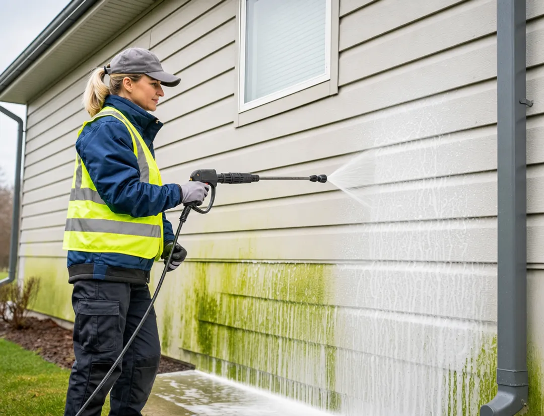 Technician soft washing vinyl siding with low-pressure cleaning solution