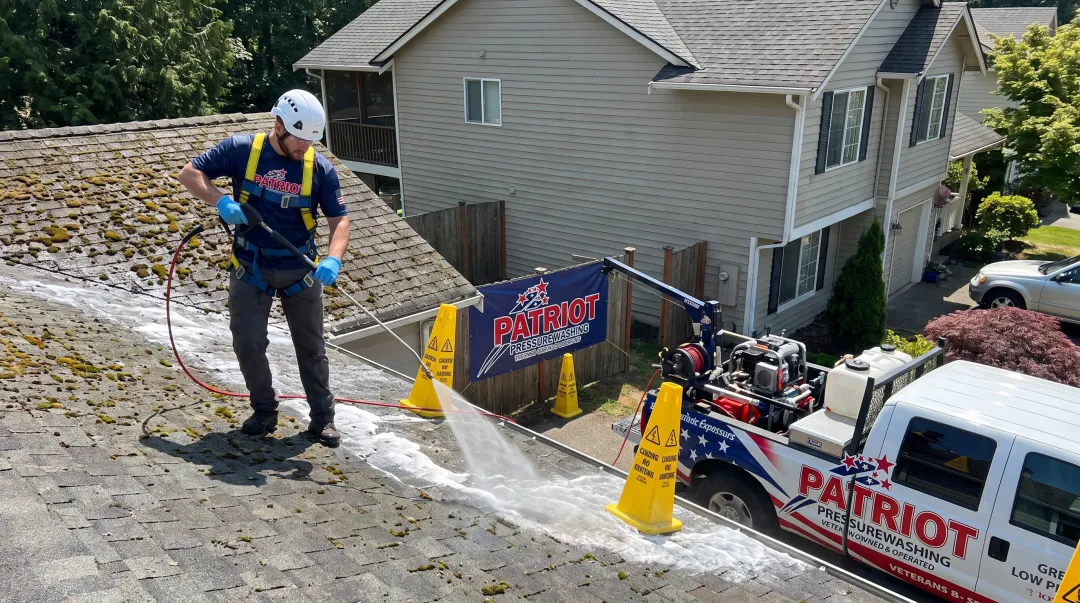 Patriot Pressure Washing technician performing soft wash roof cleaning with low-pressure equipment