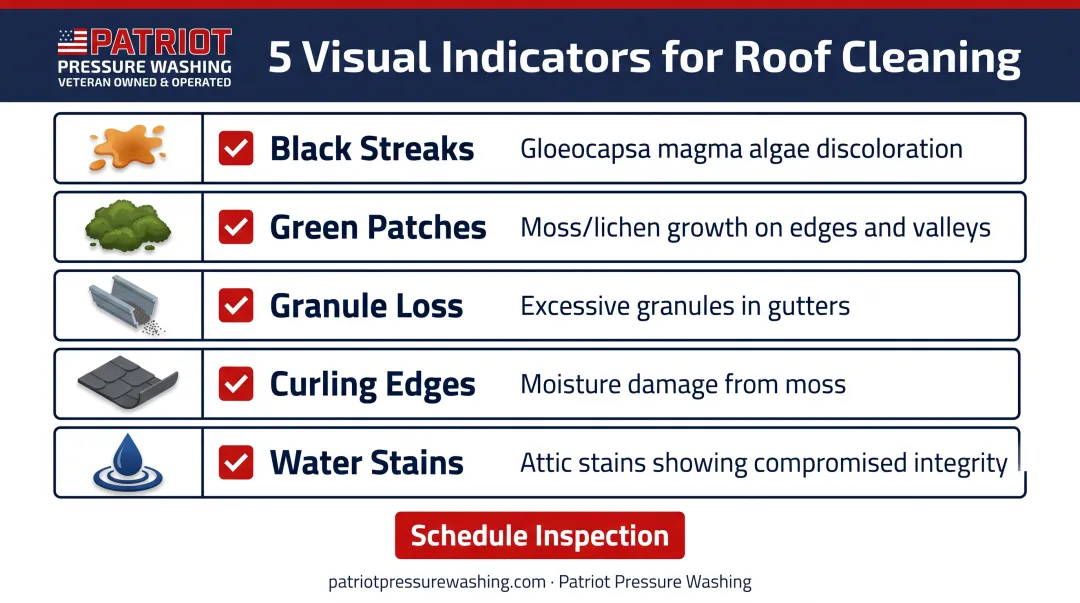 5 visual warning signs indicating roof needs professional soft wash cleaning