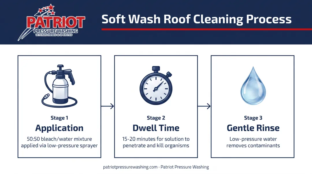 3-step soft wash roof cleaning process from solution application to final rinse