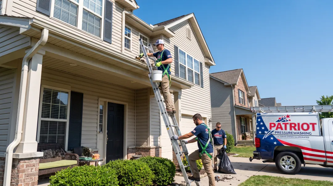 Patriot Pressure Washing crew cleaning gutters on residential home