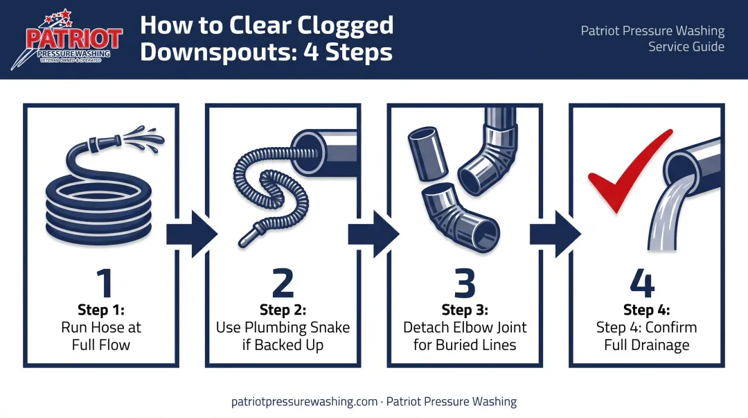 4-step downspout clearing and testing process flow diagram