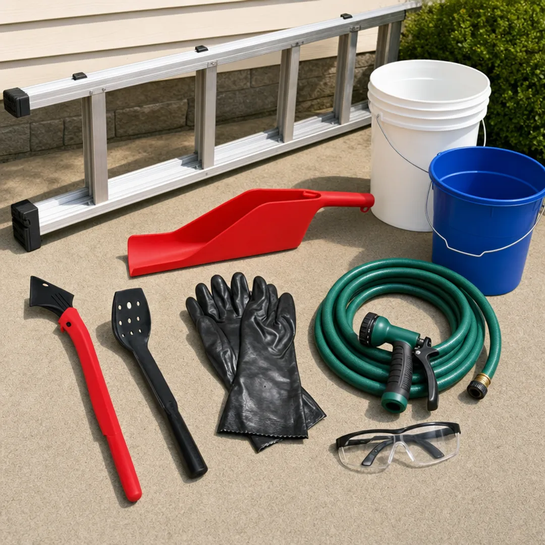 Gutter cleaning tools and safety equipment laid out for use