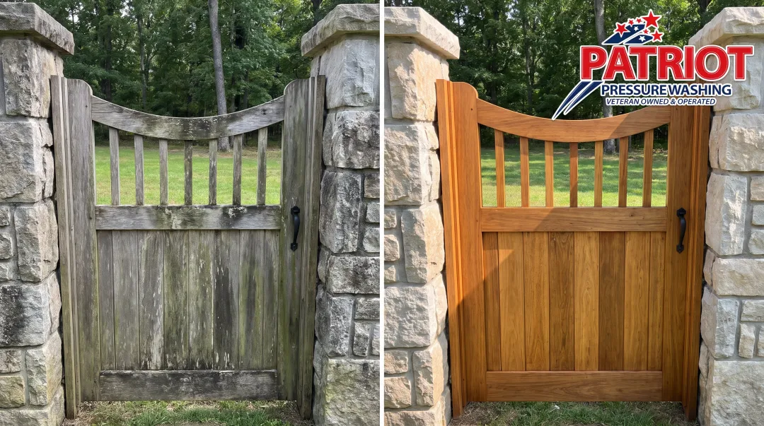 Weathered wood gate before and after professional soft washing service