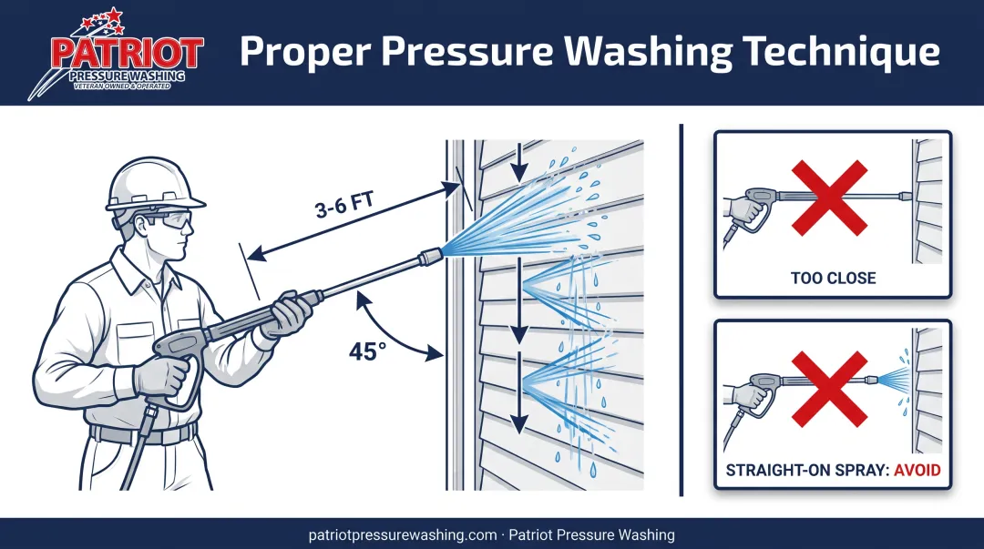 Proper pressure washer nozzle angle and distance technique diagram