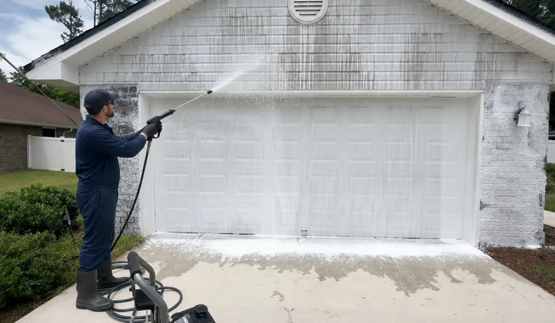 Professional exterior house siding being soft washed by technician