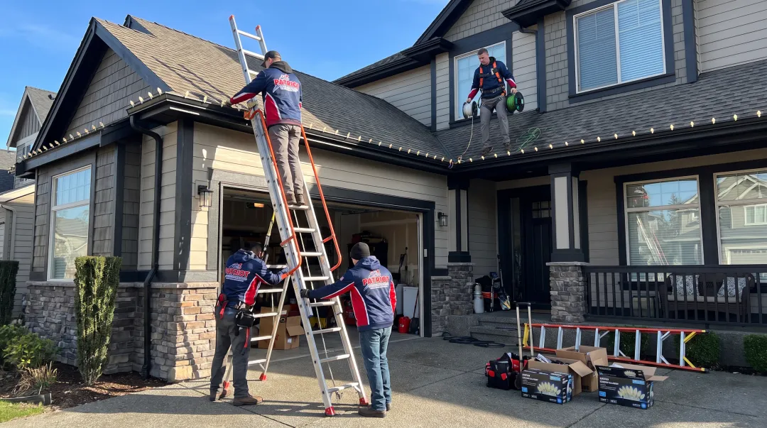 Professional crew installing holiday lights on Connecticut home rooftop