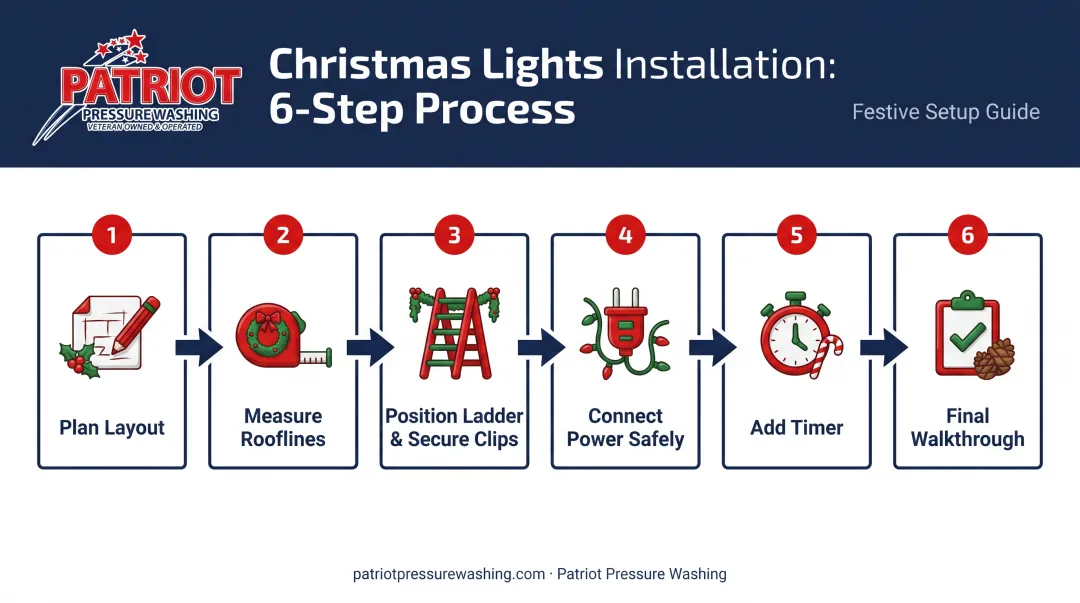 6-step Christmas light installation process from planning to final check