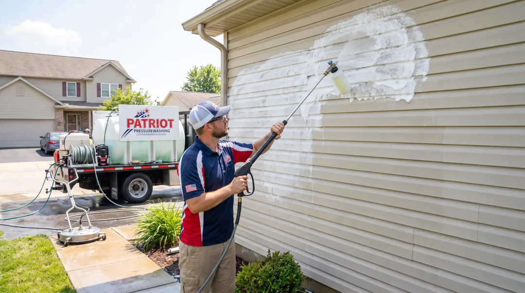 Patriot Pressure Washing technician soft washing residential vinyl siding exterior
