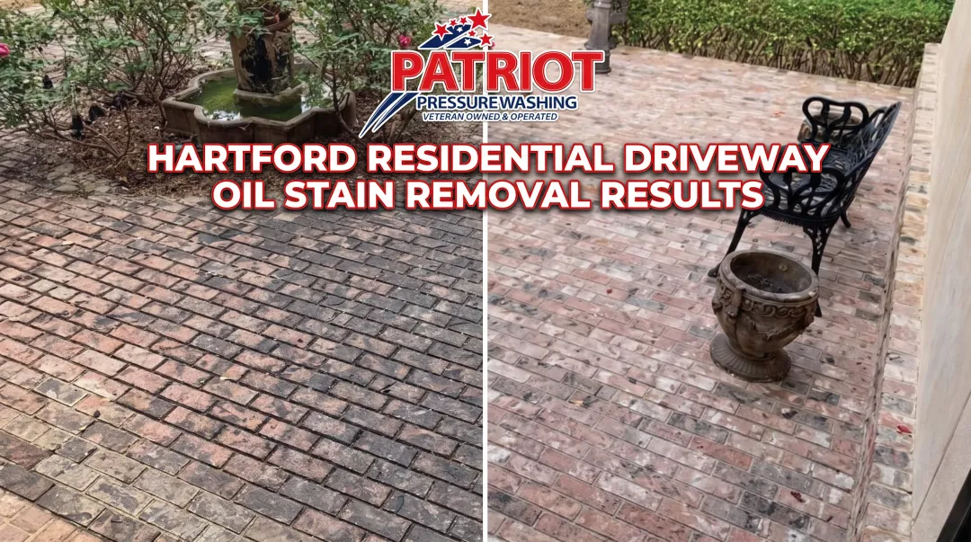 Before and after comparison of oil-stained Hartford driveway professionally pressure washed