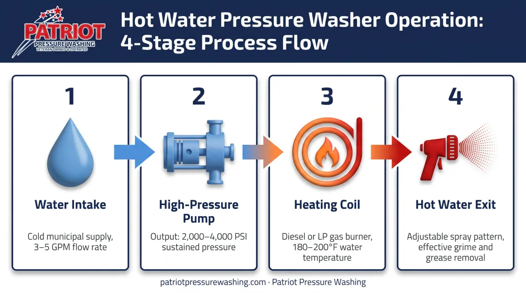 Hot water pressure washing system workflow from pump through heating to nozzle