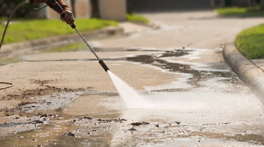 Cold water pressure washing cleaning concrete driveway removing dirt and mud buildup