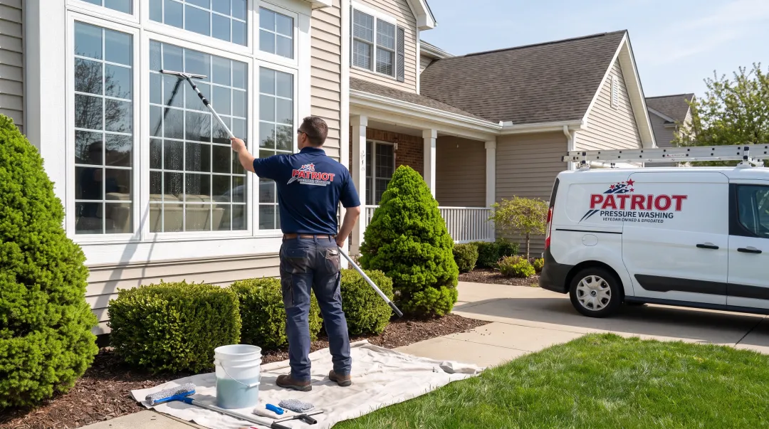 Professional technician washing exterior home windows in Connecticut