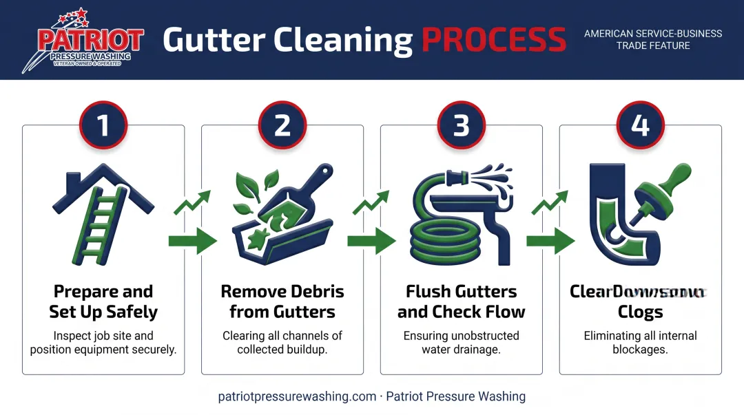 4-step gutter and downspout cleaning process infographic