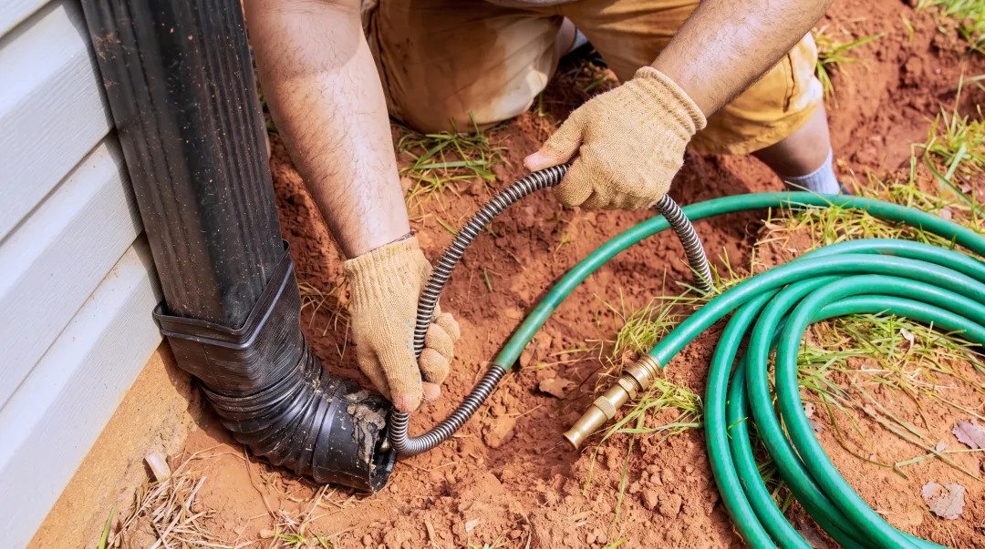 Homeowner using plumber's snake to clear clogged downspout pipe