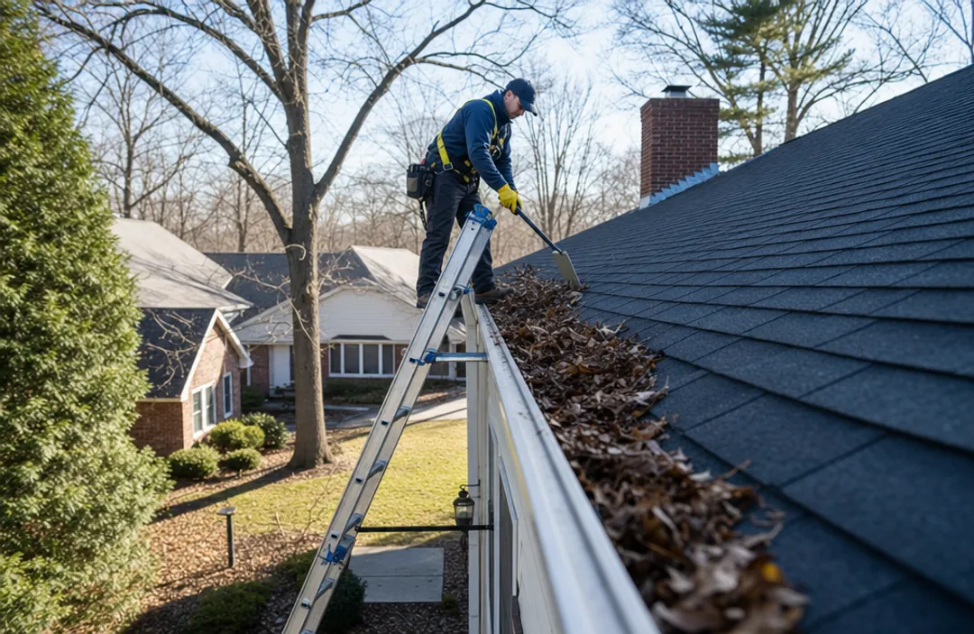 Professional gutter cleaning technician on ladder clearing residential gutters