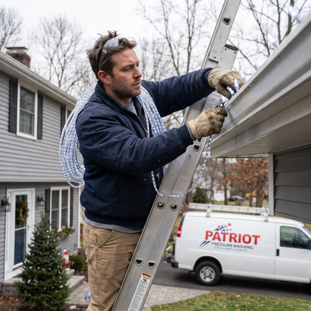 Technician installing holiday lights along a roofline