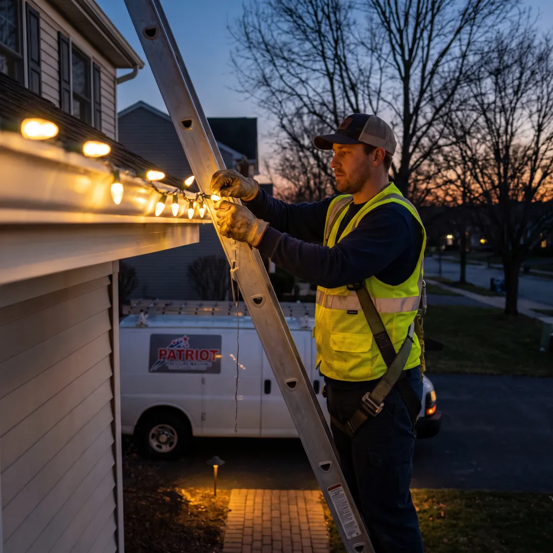 Installer placing LED Christmas lights along a roofline