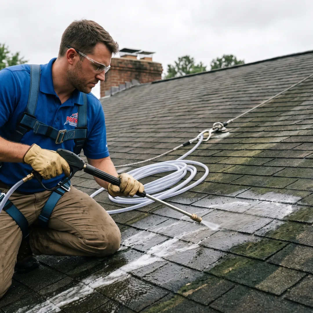Low-pressure roof cleaning in progress