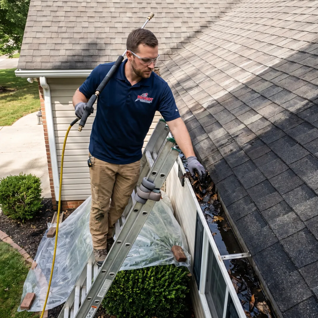 Roof and gutter cleaning in progress