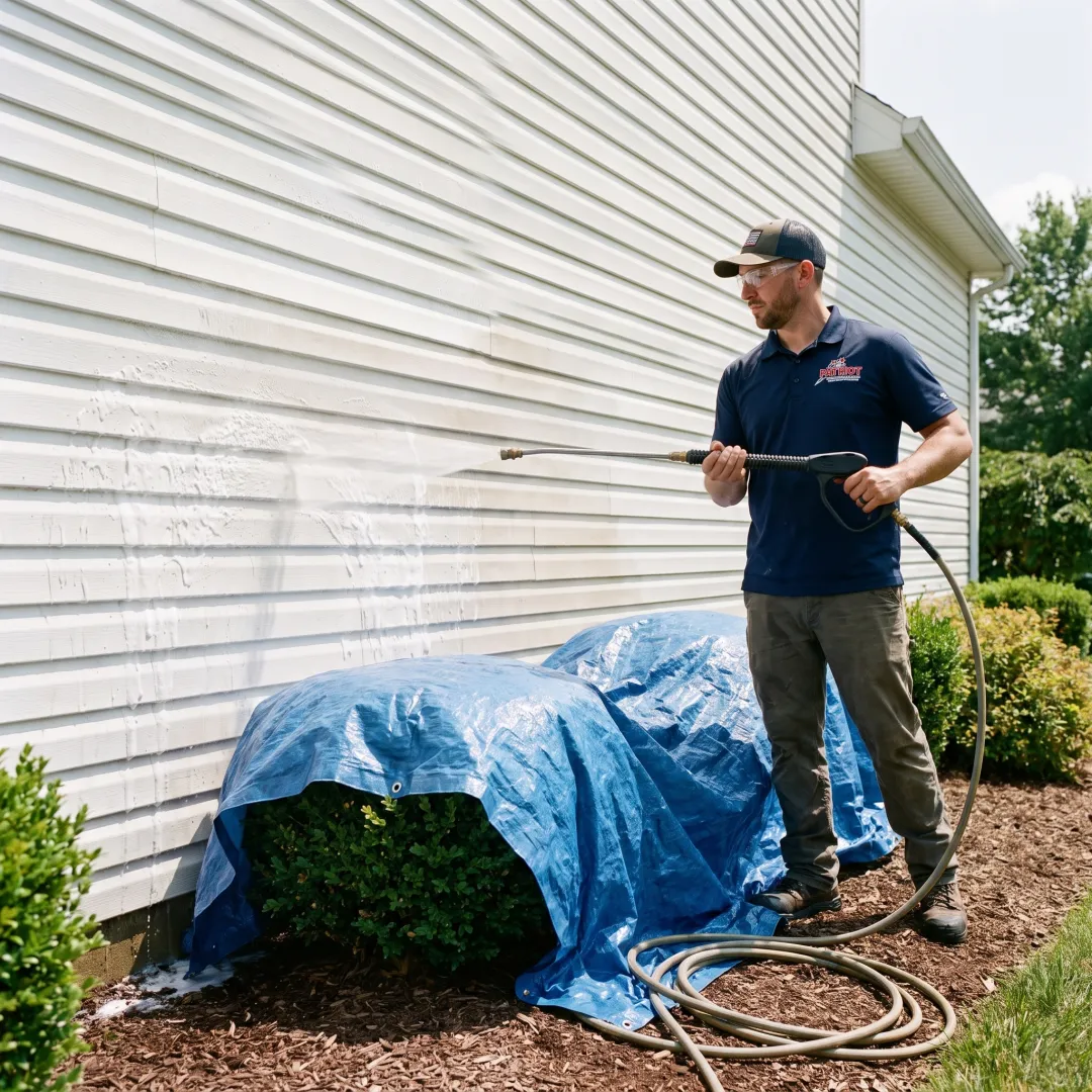 Exterior cleaning technician treating home siding