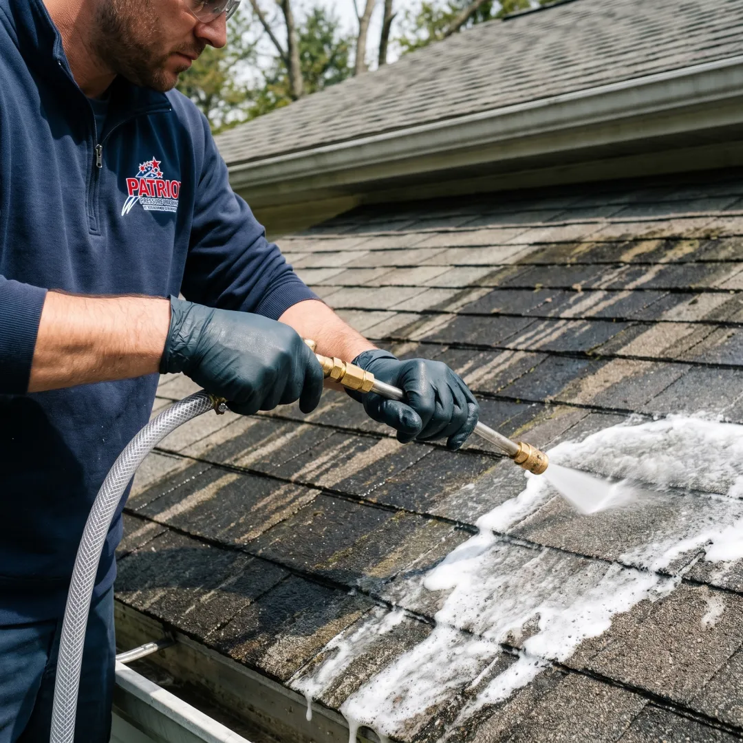 Soft-wash treatment on residential roof