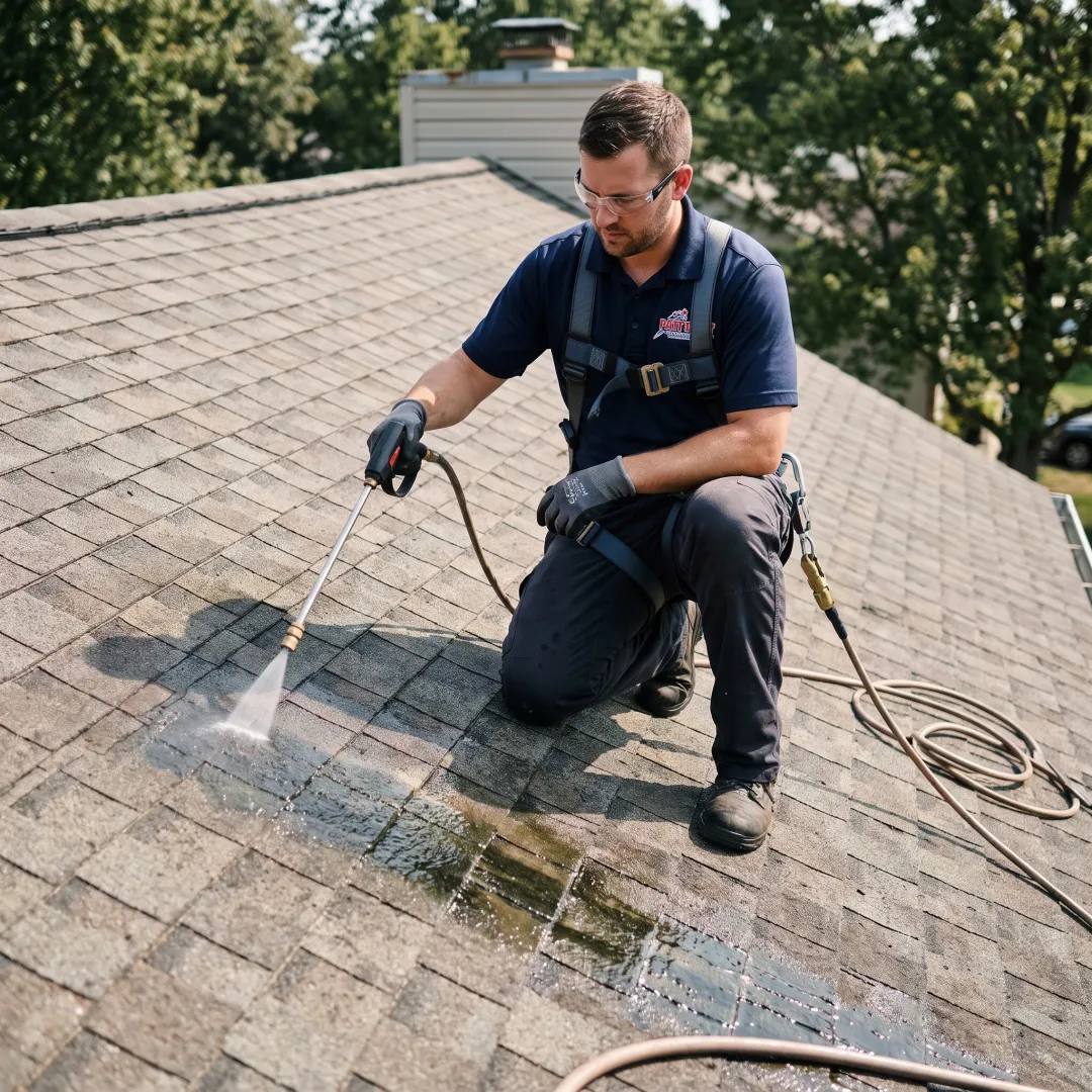 Soft wash treatment on a dark-streaked roof