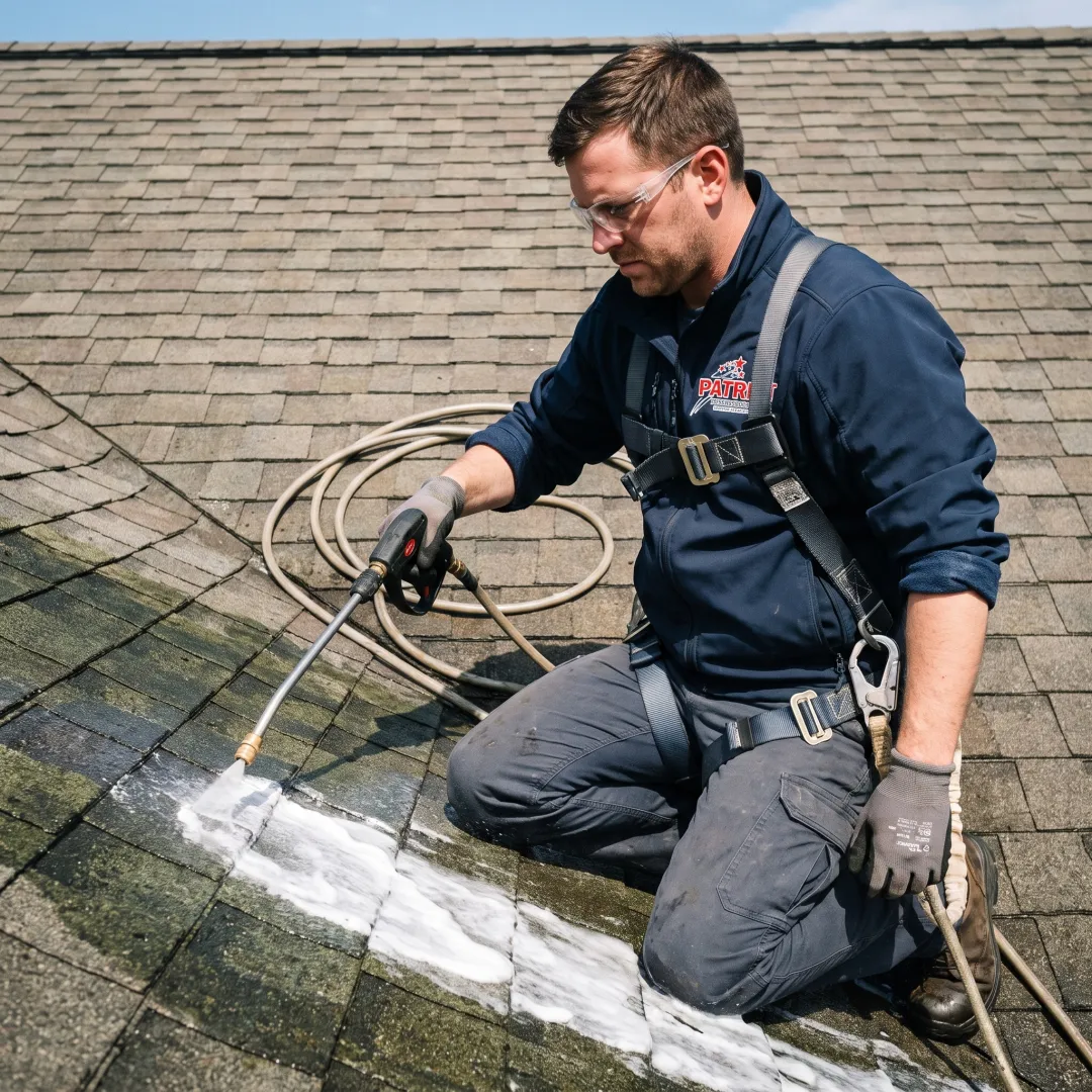 Soft-wash treatment applied to roof shingles