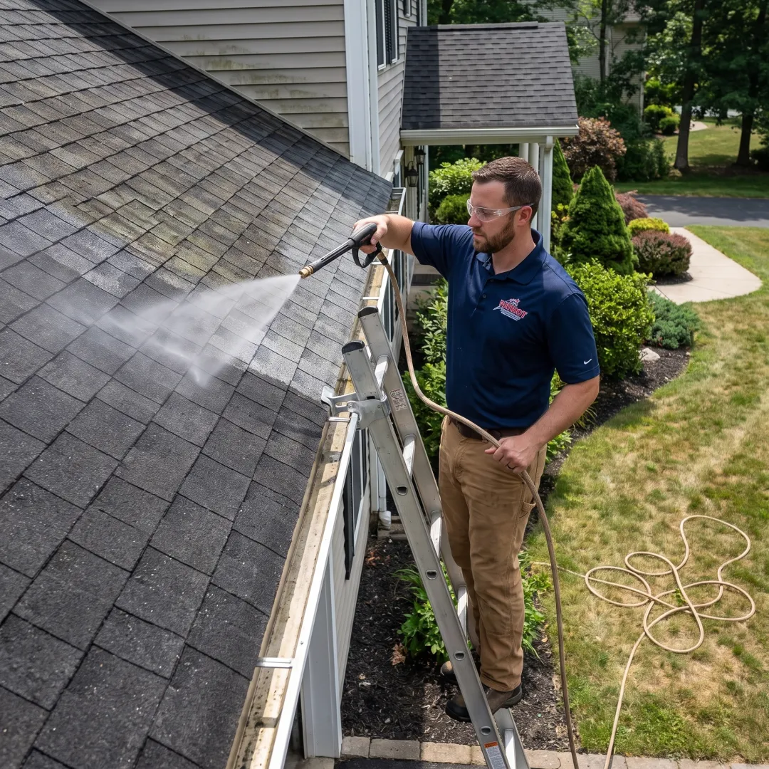 Roof cleaning technician applying soft wash treatment