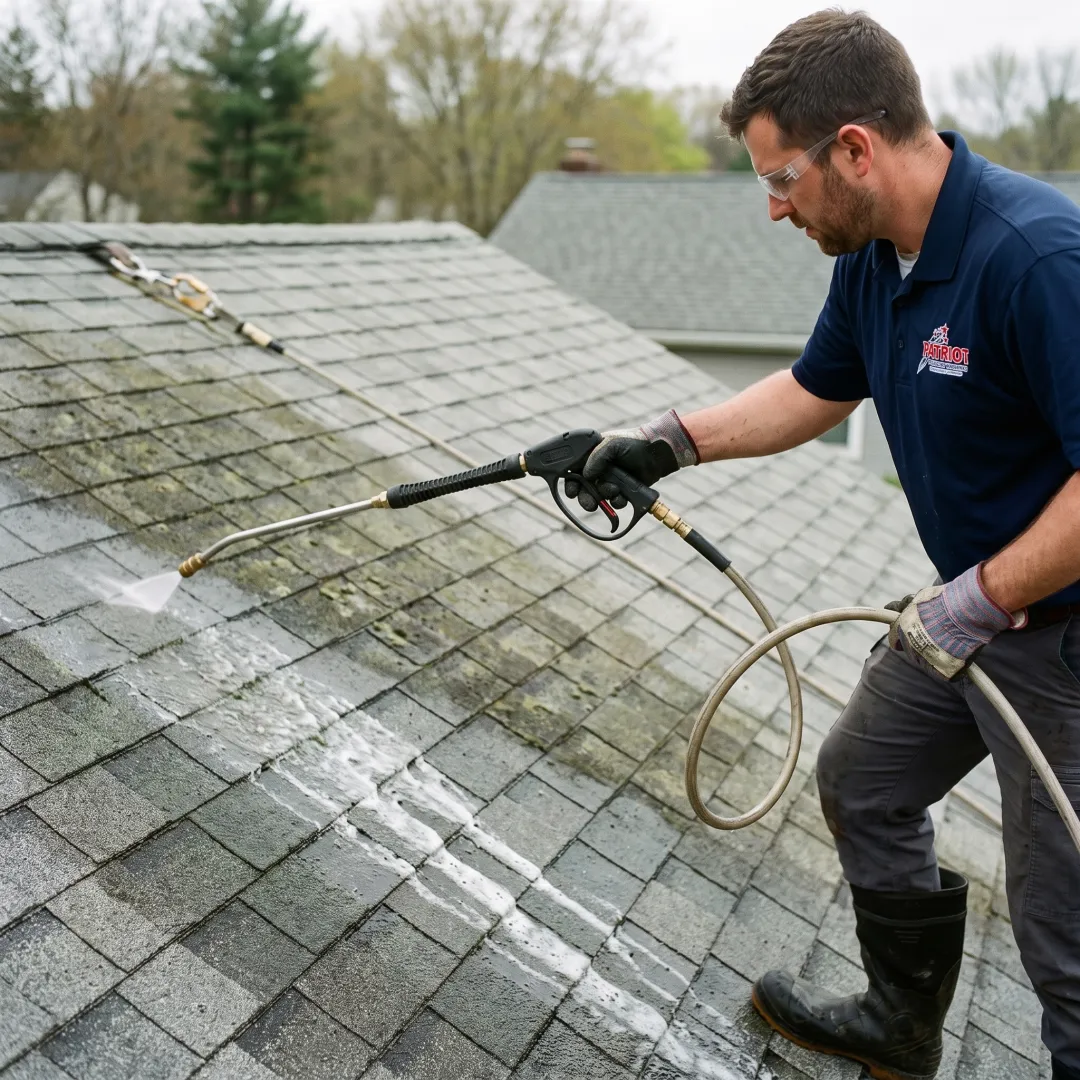 Soft wash treatment applied to a roof