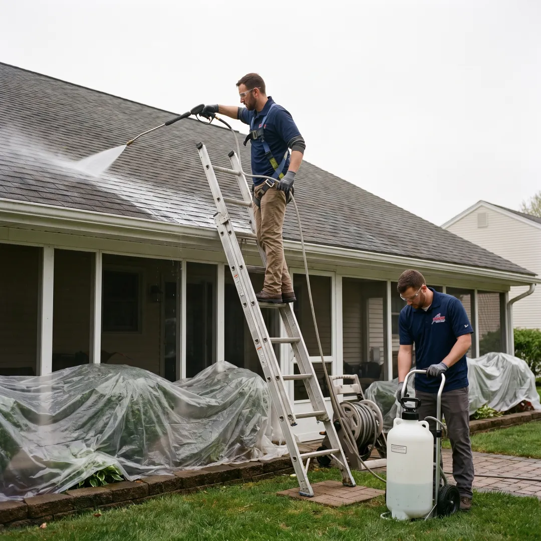 Technician soft washing a residential roof