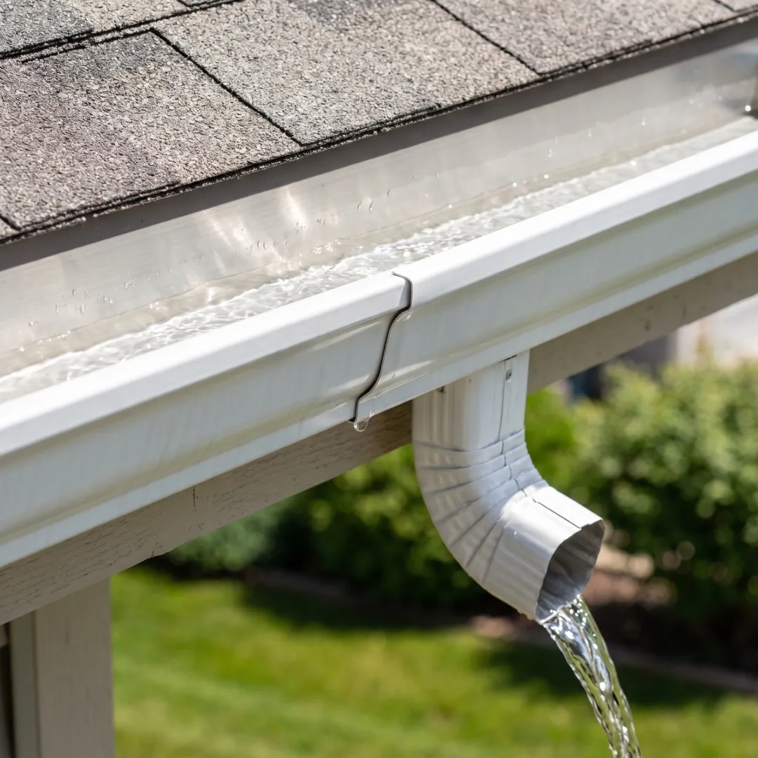 Clean gutter channel flowing into a downspout