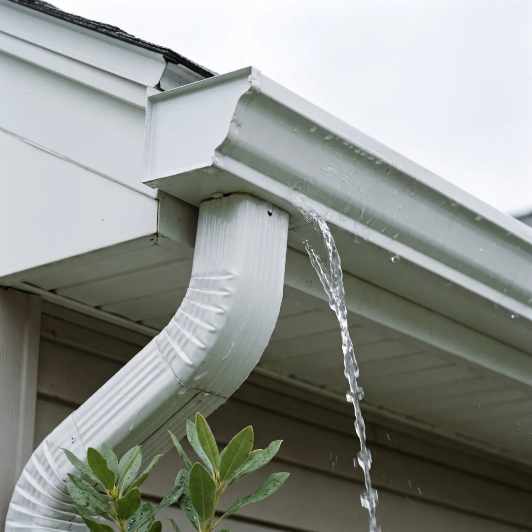 Clean gutter and downspout draining rainwater