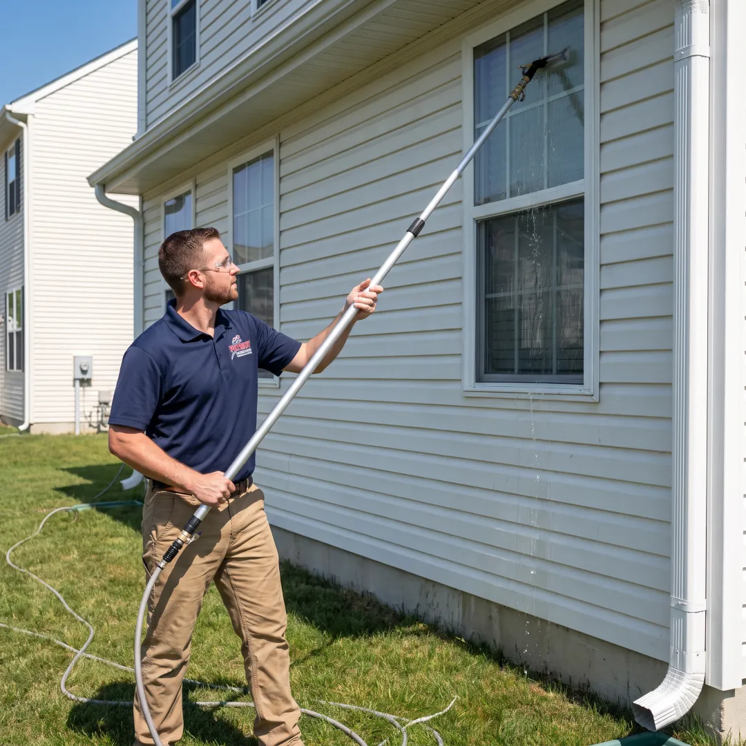 Technician cleaning window glass beside a cleared gutter