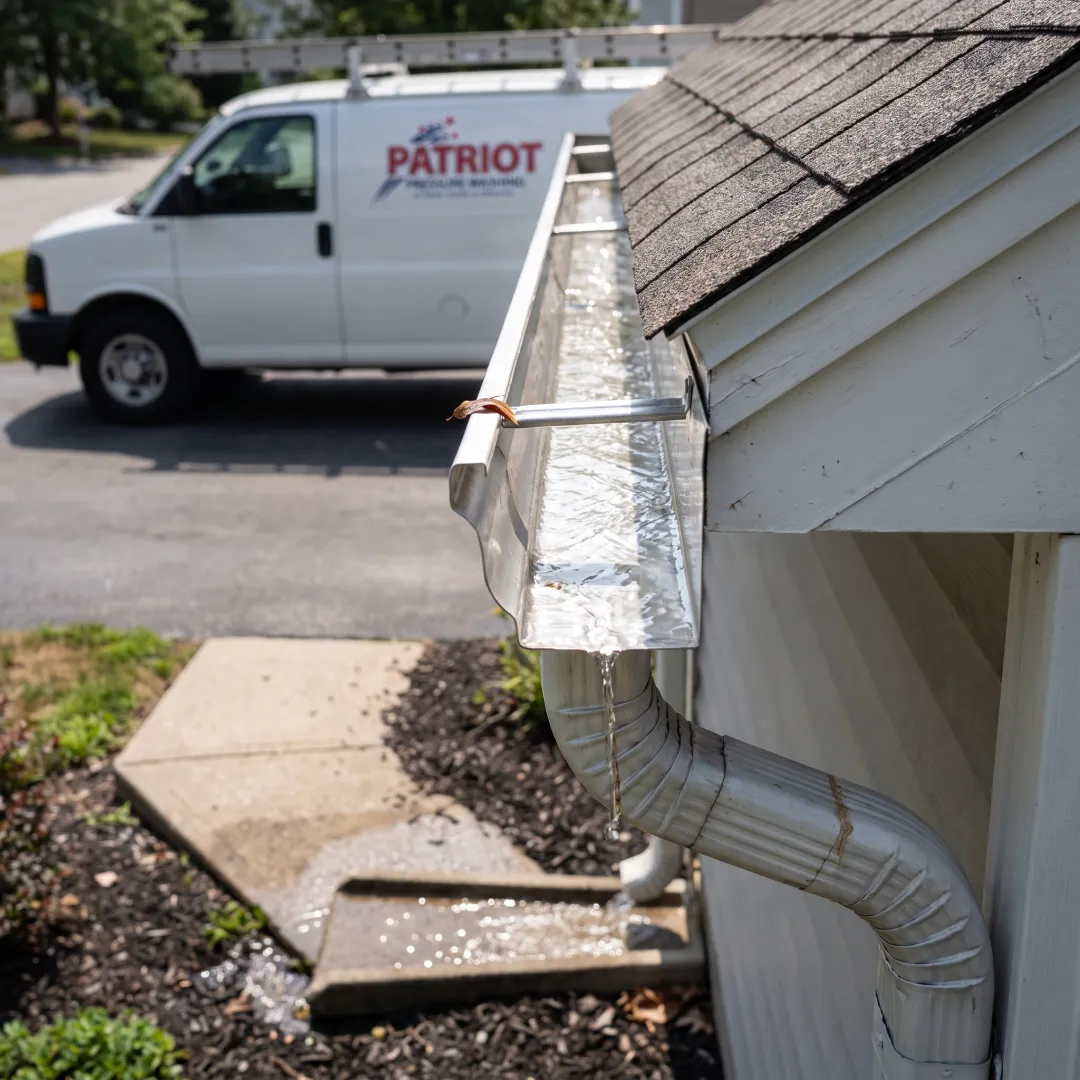 Clean gutter channel with flowing downspout water