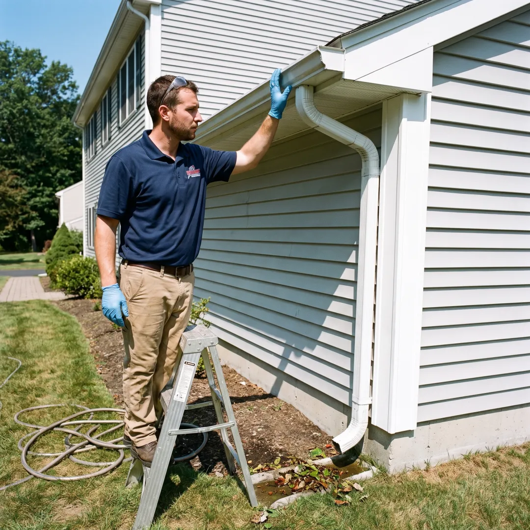 Exterior cleaning technician inspecting clean gutter system