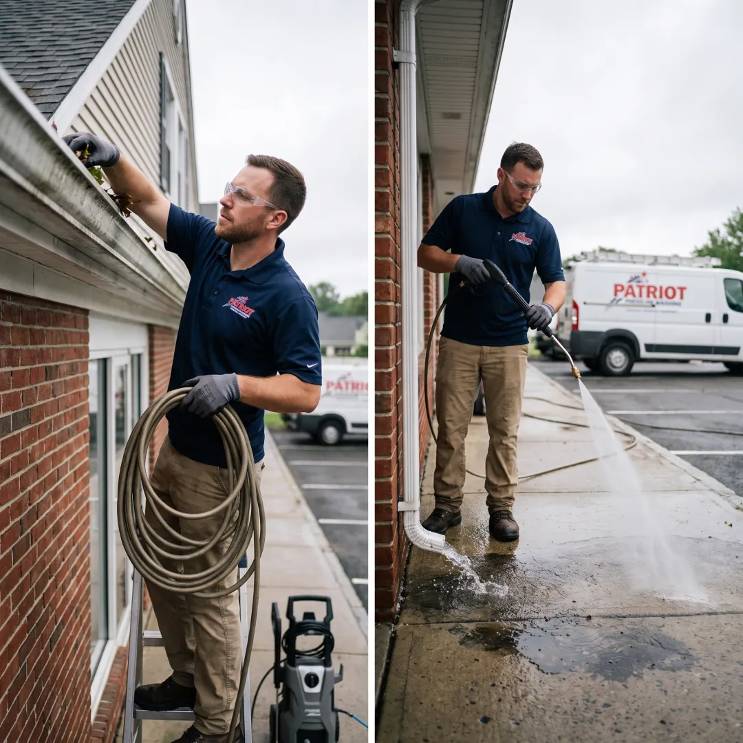 Commercial gutter and downspout being cleaned