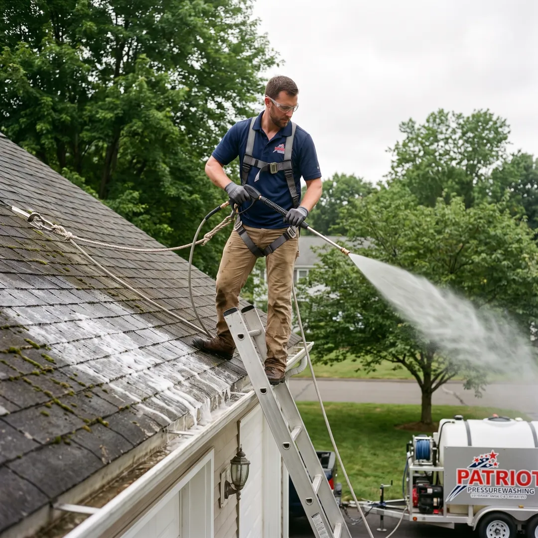 Soft washing treatment applied to a residential roof