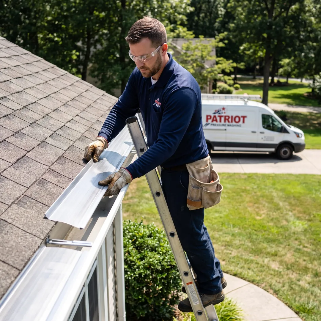 Technician installing gutter guards on a home